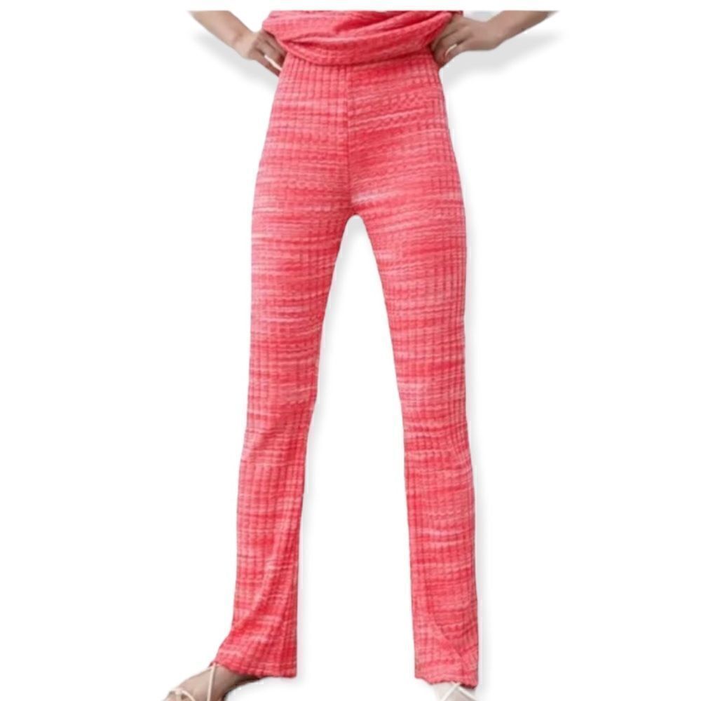 New Zara Pull On Knit High Rise Ribbed Flare Elastic Waist Pants Size Large